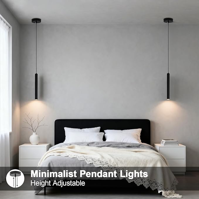 Modern Black Pendant Lights 2 Pack, LED Minimalist Pendant Lighting Fixture for Kitchen Island, Long Tube Hanging Light Cord Adjustable for Living Room Bedroom Dining Room Bar