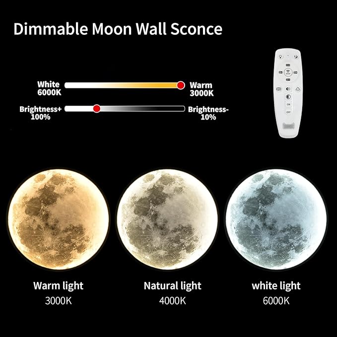 QIYIMEILUX 31.5 inch Large Moon Wall Sconce Plug in Dimmable Modern LED Wall Light with Remote Control 41W Black Wall Lamp Indoor Wall Mounted Lighting Ceiling Light for Living Room Bedroom