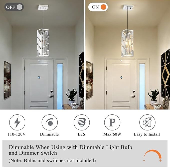 Chrome Pendant Lights Kitchen Island, Adjustable Modern Pendant Light Fixtures 1 Pack, Mini Crystal Chandeliers for Dining Room Bedroom Foyer Hallway