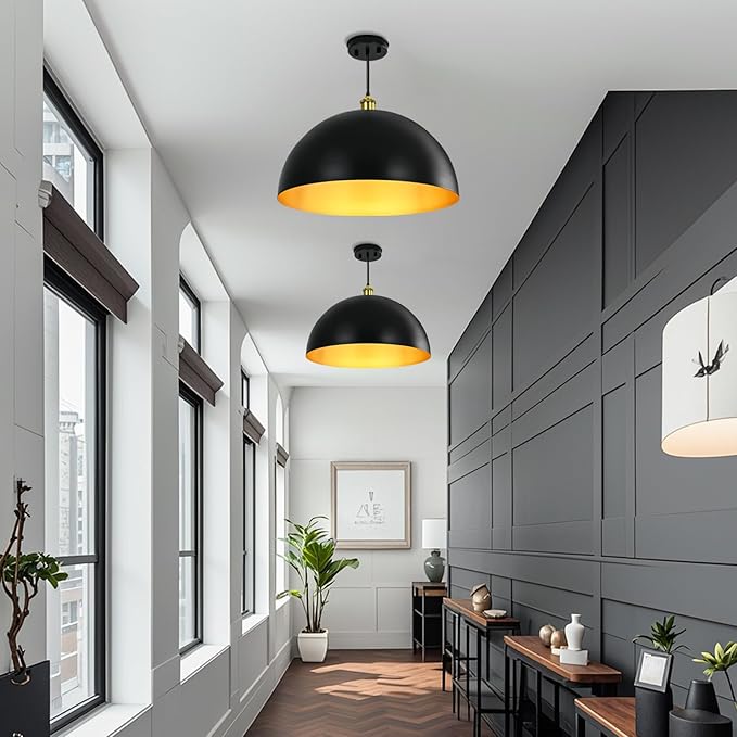 Black-Farmhouse Pendant-Light Hanging-Lamp Fixtures - 16 inch Kitchen Island Pendant Lights Industrial Dome Ceiling Lighting Dining Room Large Vintage Light for Indoor Black and Gold