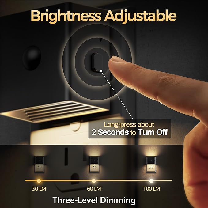 DORESshop LED Night Lights Plug into Wall [2 Pack], Plug in Night light, 3 Level Brightness Adjustable Night Light, Dusk to Dawn Motion Sensor Night Light for Adults, Bedroom, Bathroom, Hallway, 3000K