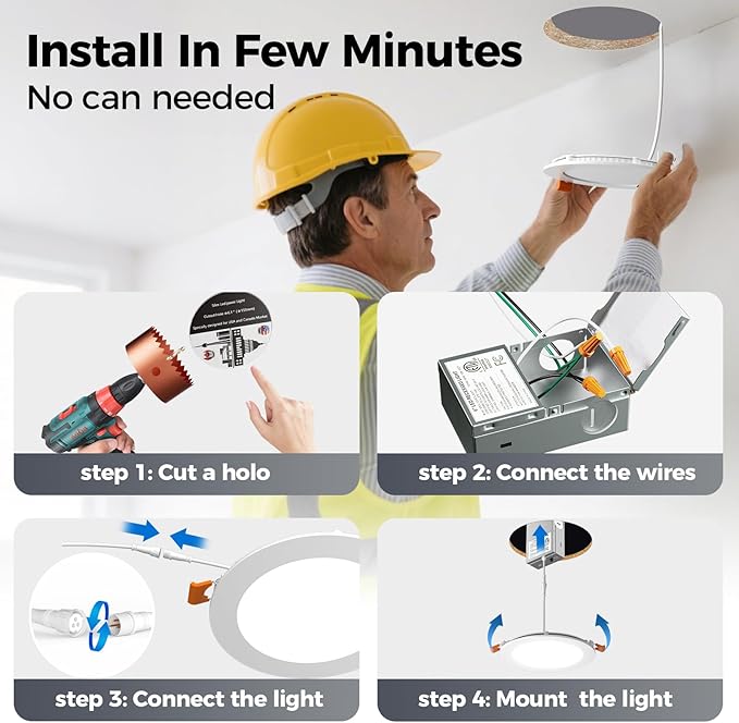 CHARKEE 48 Pack 6 Inch 5CCT Ultra-Thin LED Recessed Ceiling Light with Junction Box, 2700K-5000K, 1050LM High Brightness, Dimmable Canless Wafer Downlight,12W Eqv 110W, ETL & Energy Star & FCC