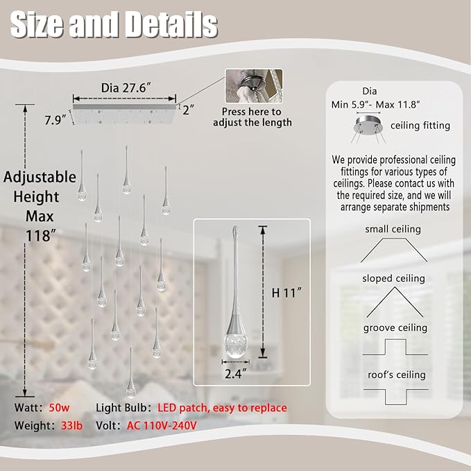 ykolupty Modern Rectangular Chandelier,14 Lights Silver Raindrop Chandelier Lighting,Industrial Linear Pendant Ceiling Light Fixture for Dining Living Room Kitchen Island