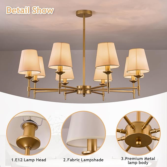 Gold Chandelier with Shades 8 Light Ceiling Light Fixture with Linen Fabric Farmhouse Pendant Lights for Bedroom Kitchen Dining Room Living Room Foyer