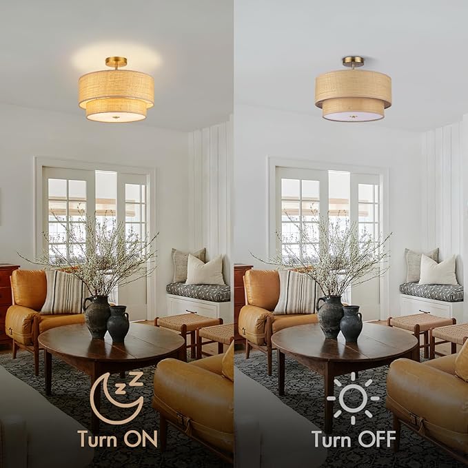 16 Inch Semi Flush Mount Ceiling Light, Double Raffia Woven Drum Shade, Rattan and Gold Farmhouse Ceiling Lamp for Bedroom, Living Room, Dining Room, Kitchen