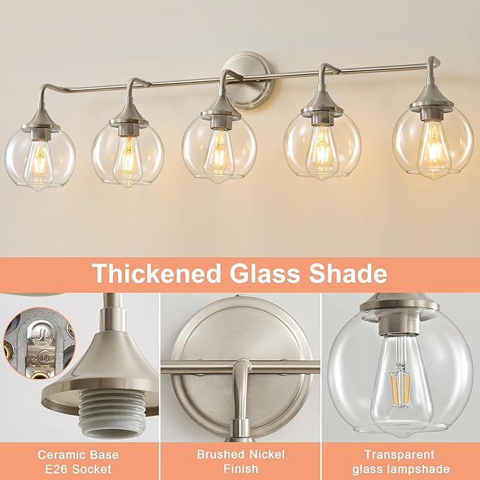Bathroom Vanity Lights with Clear Glass Shade, E26 Base, Vanity Lighting Fixtures Over Mirror, 39 Inch Vanity Lights for Bathroom (Exclude E26 Bulb) (Brushed Nickel, 5-Lights)