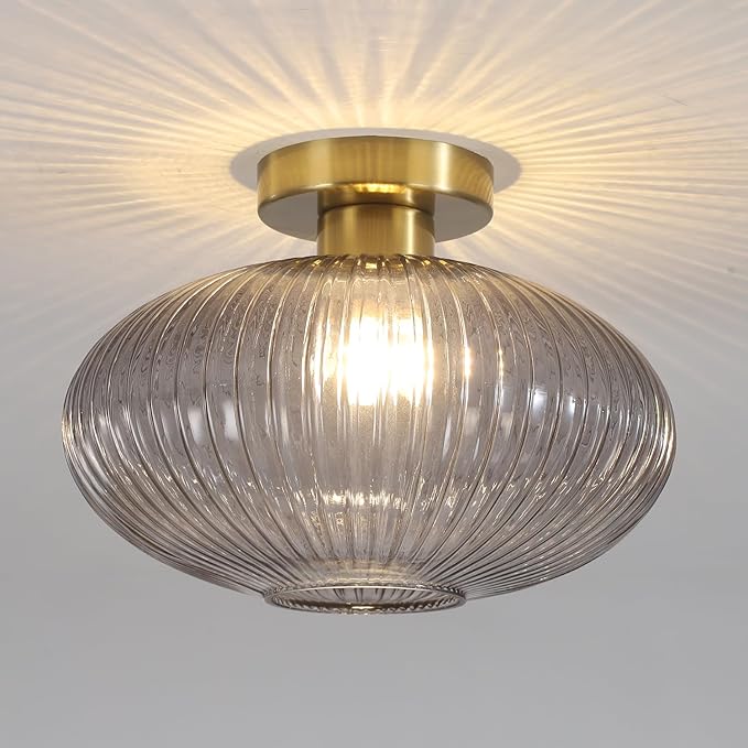 BOKT Mid Century Globe Ceiling Light Fixture Farmhouse Smoke Grey Glass Ceiling Light Industrial Hallway Stripe Ceiling Lamp for Bathroom Entryway