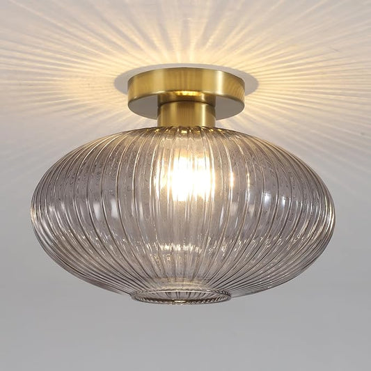 BOKT Mid Century Globe Ceiling Light Fixture Farmhouse Smoke Grey Glass Ceiling Light Industrial Hallway Stripe Ceiling Lamp for Bathroom Entryway