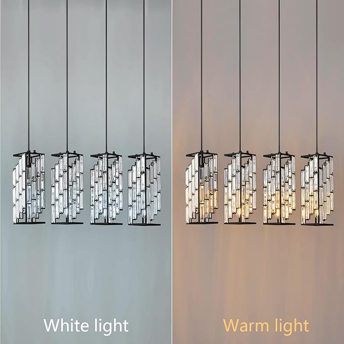 4-Light Adjustable Pendant Light, Modern Mini Crystal Chandelier with Black Metal Frame, Kitchen Island Lighting for Dining Room, Bedroom, Easy Installation