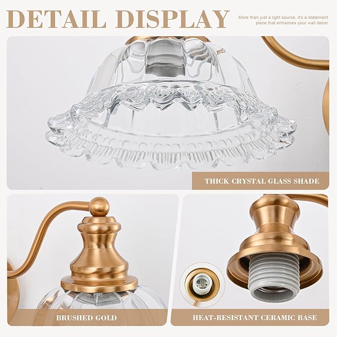 Vintage Wall Sconce Light, Gold Brass Bathroom Sconces Wall Lighting, Antique Wall Light Fixture with Clear Flower Glass Shades, Indoor Wall Sconces for Living Room Bedroom, 1-Light Wall Lamp