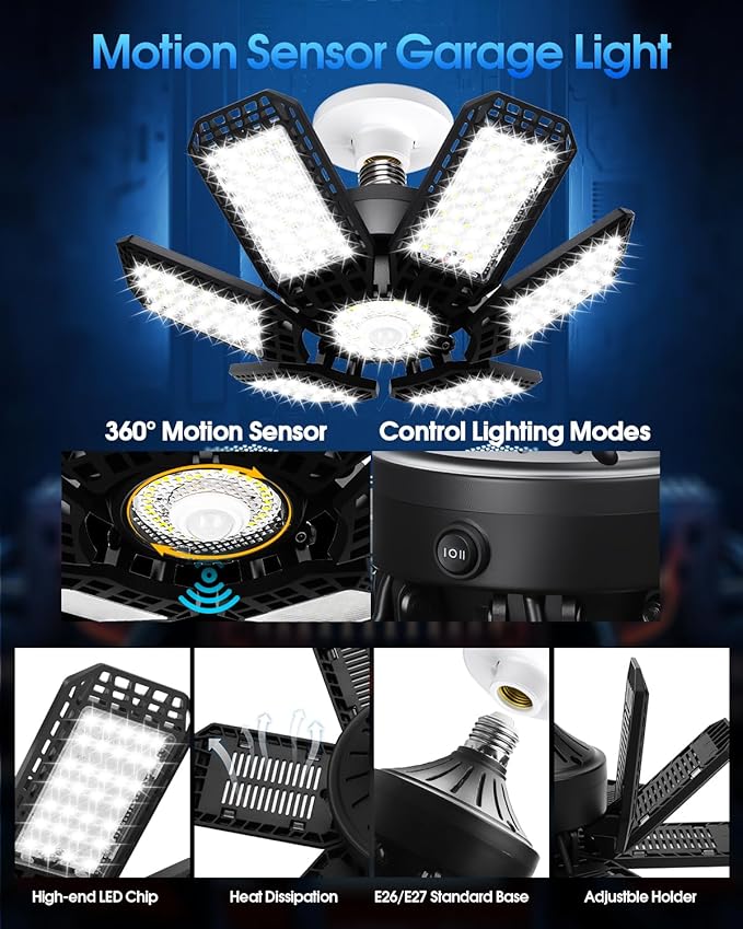 AUDLES Motion Sensor Garage Light, 200W 20000LM 6500K LED Shop Lights, Garage Lights Ceiling Led with 6+1 Deformable Panels, Screw in E26 Socket Bulb for Warehouse, Workshop, Basement, Barn Lighting