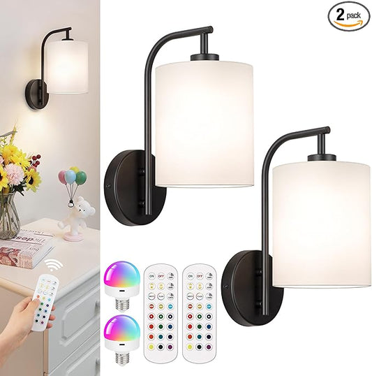 MATAMEYE Battery Operated Wall Sconce Set of 2, Black Rechargeable Dimmable Wall Light Fixture Remote, 12 RGB Colors & Timer, Wireless Lamp White Shade