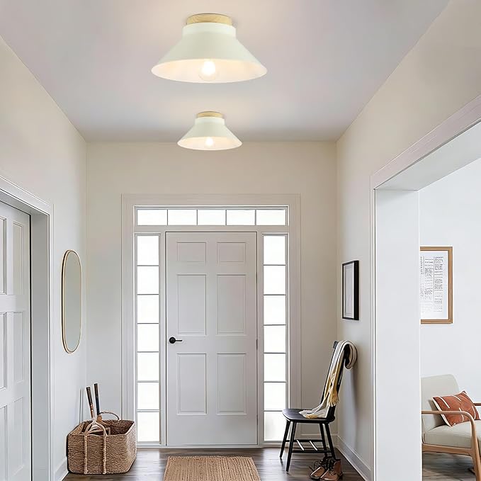 2 Pack Modern Flush Mount Ceiling Light, 11.8'' Cream White Metal Ceiling Light Fixtures with Natural Wood Accent, Farmhouse Semi Flush Mount Light Fixtures for Kitchen, Hallway, Entryway, Bedrooms