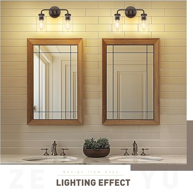 zeyu 2 Light Bathroom Vanity Light, Farmhouse Wall Sconce Lighting for Bathroom, Clear Glass Shade, Oil Rubbed Bronze Finish, ZS62B-2W ORB