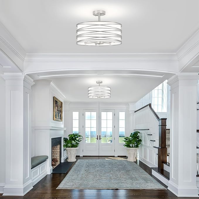 TOULMJ 6-Light Semi Flush Mount Ceiling Light, 16.53‘’ Brushed Nickel Drum Chandelier with White Fabric Shade, Modern Farmhouse Dimmable Light Fixtures for Kitchen Laundry Hallway Dining Room Foyer
