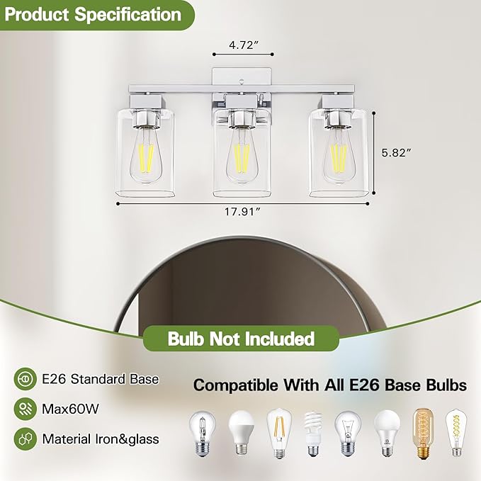 Espird Chrome Bathroom Vanity Light - 3 Light Bathroom Light Fixture Square Design & UL Certification, Bath Room Lighting Fixtures Over Mirror, Modern Vanity Lighting Fixture for Living Room