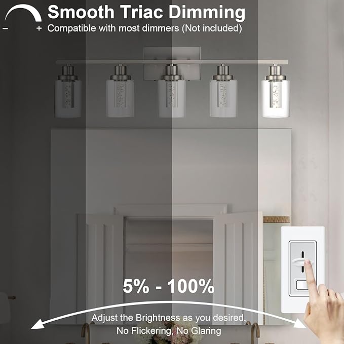 MELUCEE Bathroom Vanity Light Fixtures 5-Light Modern LED Vanity Lights for Bathroom Brushed Nickel with Crystal Bubble Clear Glass Shade, Dimmable Wall Light 3000K-6000K, Built-in LED Chips