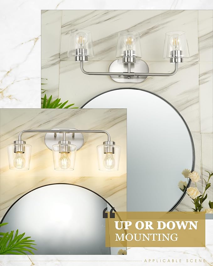 Bathroom Light Fixtures, 3-Light Brushed Nickel Vanity Lights Over Mirror with Clear Glass, Modern Vanity Lighting Fixtures, AD-22004-3W-SN-C
