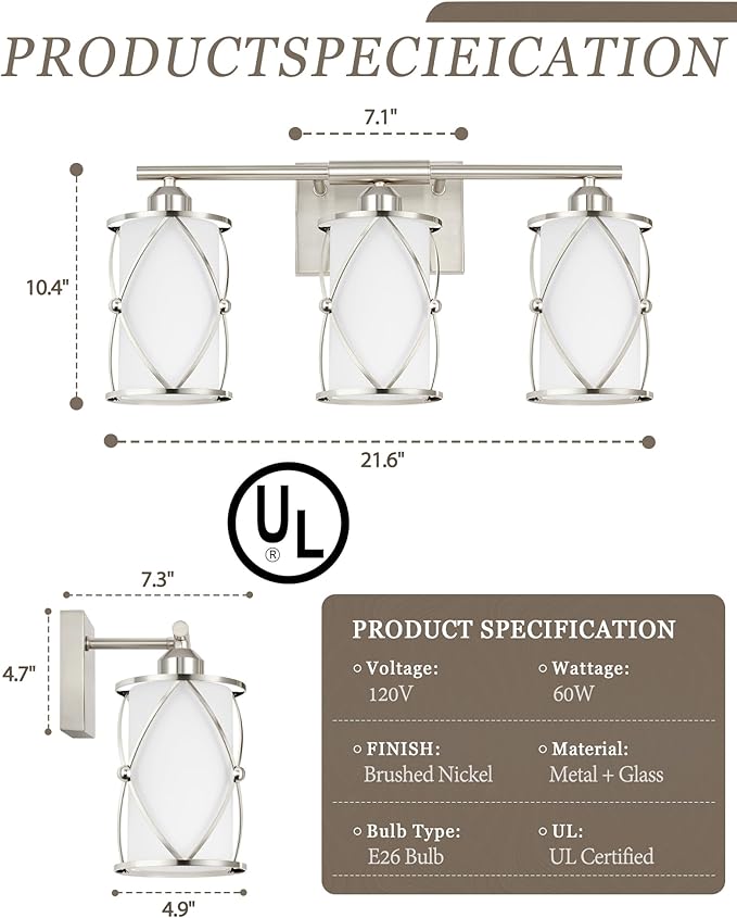 3-Light Brushed Nickel Bathroom Light Fixtures with Milk Frosted Glass, 21" Modern Bathroom Vanity Lighting Fixtures Over Mirror with Metal Cage, Wall Sconce Lights for Bath, E26, CH9176BNW-3W
