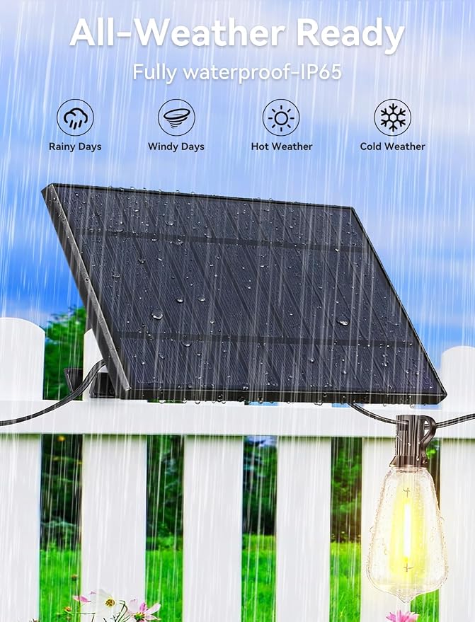 Brightever 120FT Solar String Lights Outdoor Waterproof, Patio Lights Solar Powered with Remote, 50+2 Shatterproof ST38 LED Bulbs, Dimmable&3 Lighting Modes, Hanging Outdoor Lights for Outside, Party