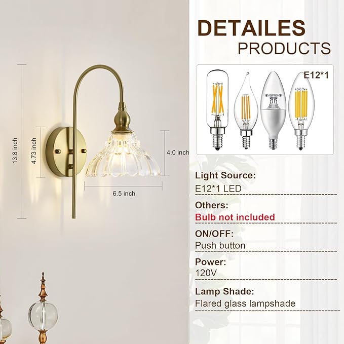 Vintage Wall Sconces with Clear Flower Glass Lampshade, Indoor Bath-Room Wall Sconce, Modern Gold Industrial Lighting Fixture for Mirror Living Room Hallway 2 Pack