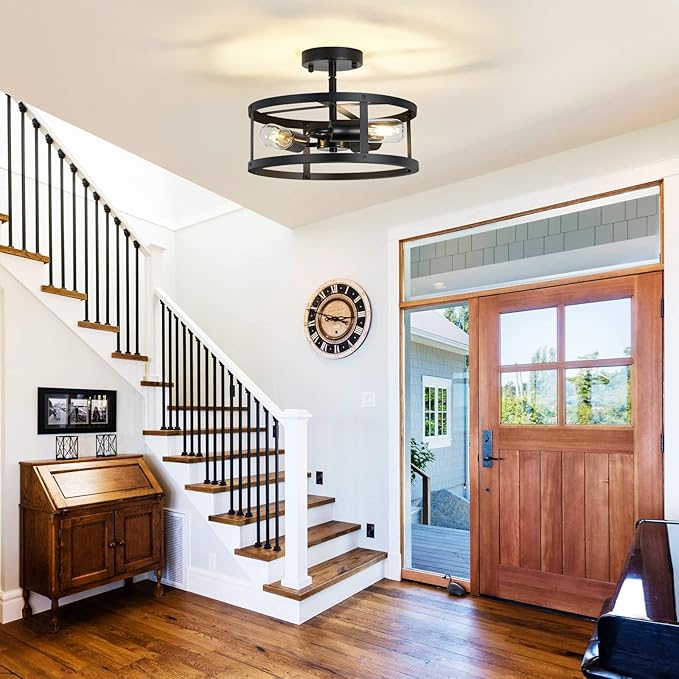 3-Light Semi Flush Mount Ceiling Light, Farmhouse Black Metal Cage Fixture, Industrial Lighting for Kitchen Foyer Hallway Entryway 2 Pack