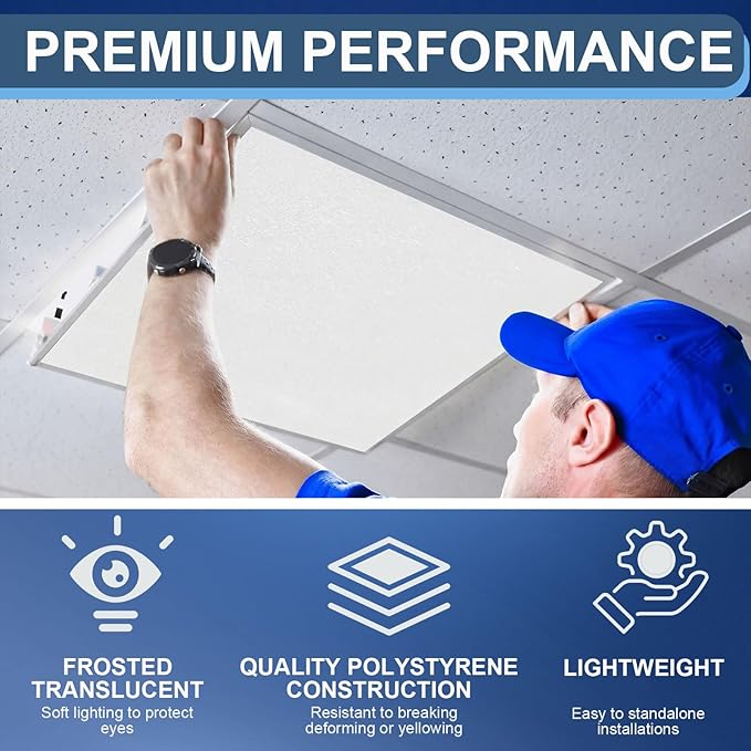 Pushglossy 4 Pack 22.5" x 22.5" x 0.08" Frosted Fluorescent Light Diffuser Panels, Translucent Polystyrene Sheet Replacement for 2x2ft Drop Ceiling Lights for Classroom Office Home