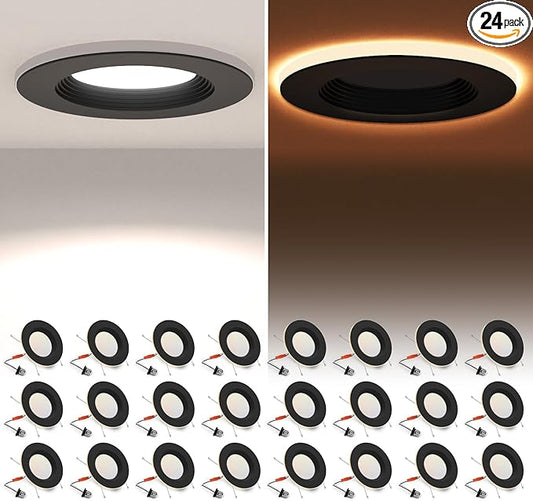 POWERASIA 24 Pack Black 5/6 Inch LED Can Lights with Night Light, 5CCT Retrofit Recessed Lighting Selectable 2700K-6000K Dimmable, 12W=75W, 1200LM Downlight with Metal Smooth Trim-ETL and Energy Star