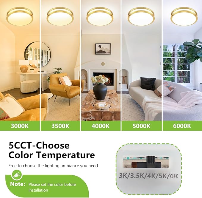 OOWOLF 2PACK 13inch Flush Mount LED Ceiling Light Fixture, 5CCT 36Watt 3600LM, 3000K 3500K 4000K 5000K 6000K 5 Color Selectable Dimmable Ceiling Lamp, Gold Ceiling Light for Kitchen Bedroom Bathroom