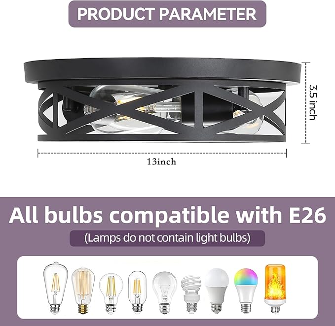 13 inch Black Flush Mount Ceiling Light Fixtures,3-Light Industrial Farmhouse Ceiling Light Fixture，Black Light Fixture Ceiling Mount for Kitchen Bedroom Living Room Hallway 1 Pack