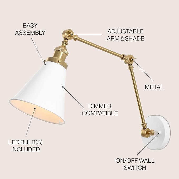 JONATHAN Y 7" White/Brass Gold Classic Industrial Metal Adjustable Arm LED Wall Sconce for Bedside Reading, Farmhouse Swing Arm Wall Lamp with Metal Shade, Hardwired (JYL7462B)