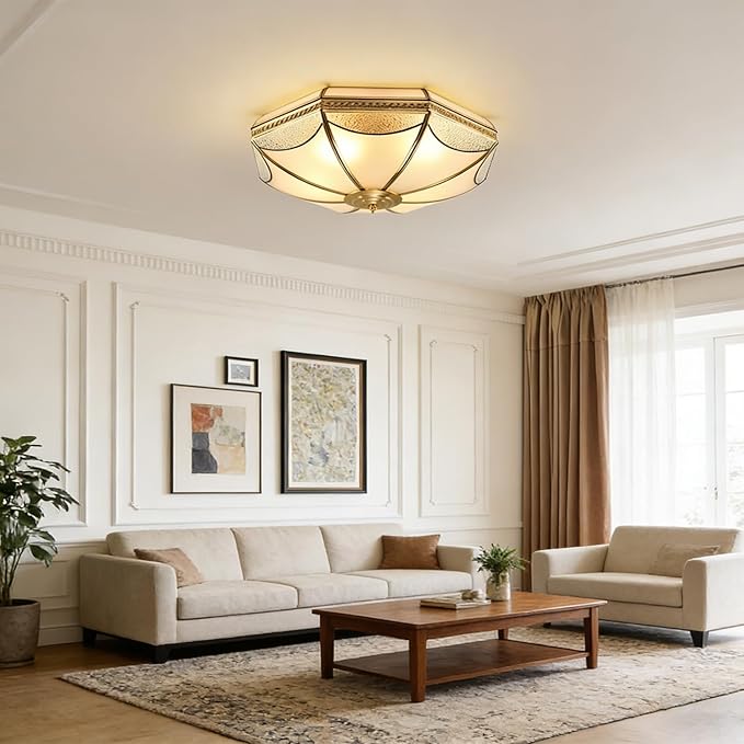 MIXL-Mid Century Modern Brushed Gold Ceiling Light Fixtures,6-Lights Brass Ceiling Lighting with Glass Shade,3-Colors Dimmable Dining Light Fixture, Art Deco Ceiling Lights for Bedroom Study Room