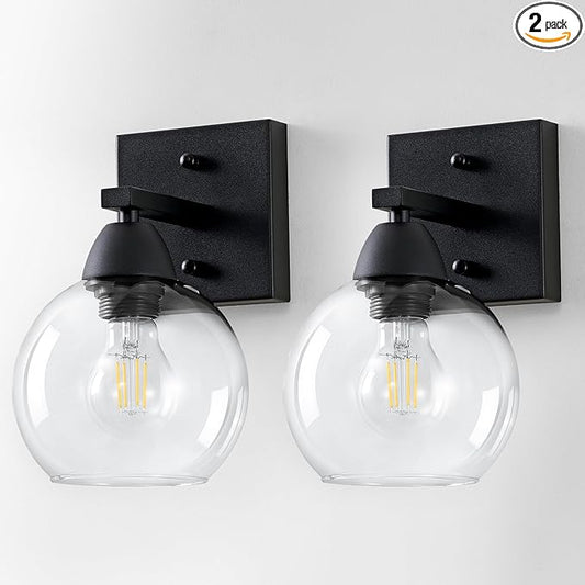 Bathroom Light Fixtures, 1-Light Matte Black Vanity Light with Hand-Blown Globe Glass Shade, High Clarity & Durable, Wall Sconce for Mirror, Kitchen, Bedroom, Hallway-2P