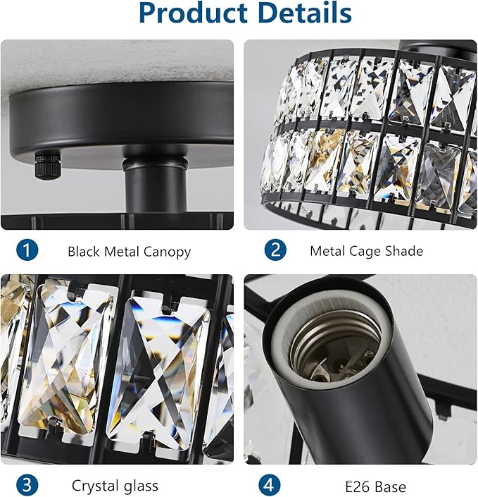 HuixuTe Modern Bedroom Light Fixtures Ceiling, 12.5" Round Drum Crystal Chandelier 3-Light, Black Semi Flush Mount Ceiling Light for Dining Room Kitchen Hallway Living Room