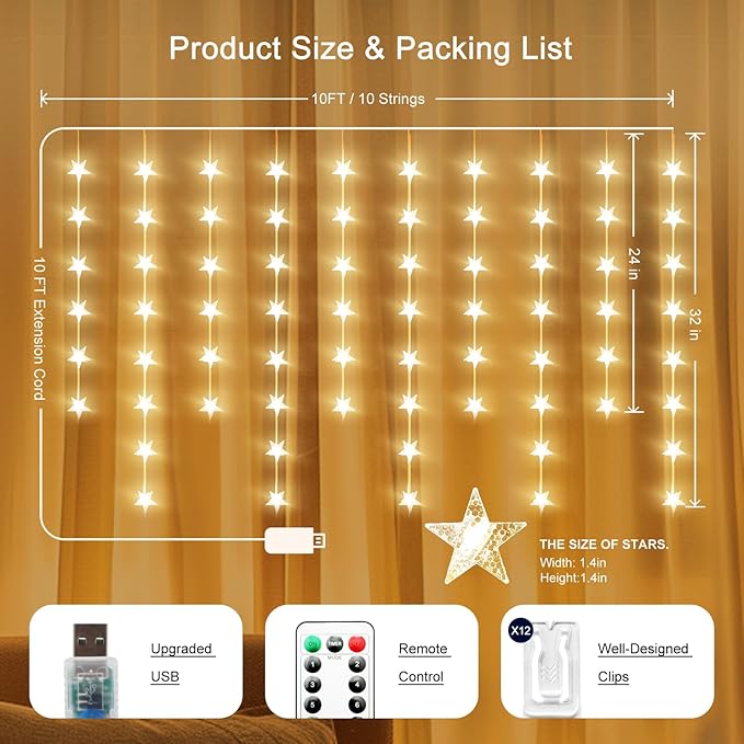Star Curtain Lights Hanging Star Light for Window 70 Stars String Lights for Wall Décor USB Plug in 8 Modes Twinkle Fairy Lights for Christmas, Bedroom, Indoor, Outdoor, Weddings, Party (Warm White)
