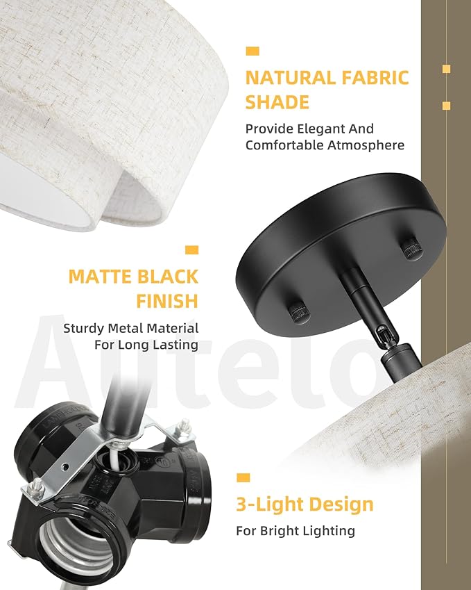 AUTELO 16" Semi Flush Mount Ceiling Light, 3-Light Modern Flush Mount Ceiling Light in Black Finish with Drum Fabric Shade for Hallway Bedroom Kitchen, C2506 BK-16