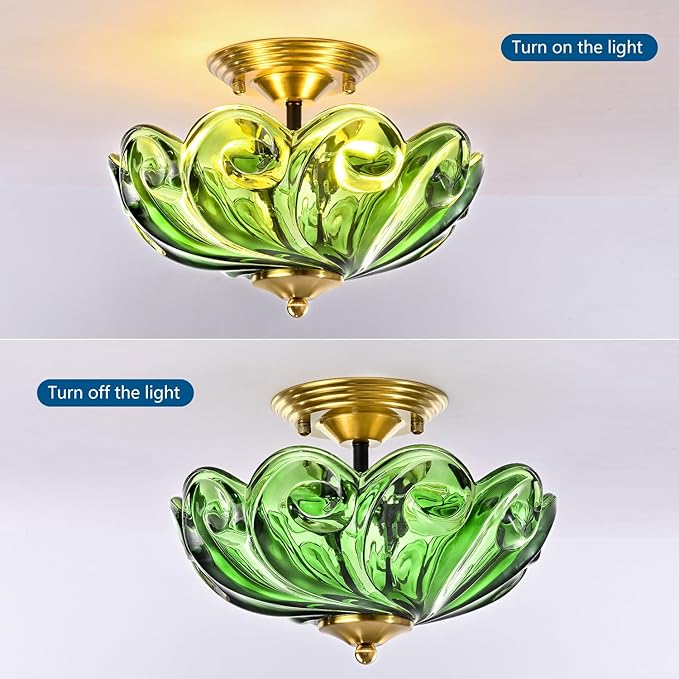 HuixuTe Modern Semi Flush Mount Ceiling Light, 3-Light Gold Close to Ceiling Light Fixture with Green Glass Shade for Living Room Entryway Bedroom
