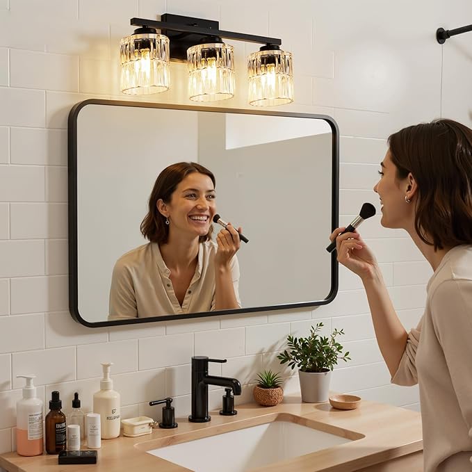 TALOYA 19 Inch Bathroom Light Fixtures,Modern 3-Light Brushed Black Vanity Lights with Wide Vertical Ribbed Thickened Glass Shade Wall Sconces for Mirror Makeup Room Hallway（Bulbs Not Included）