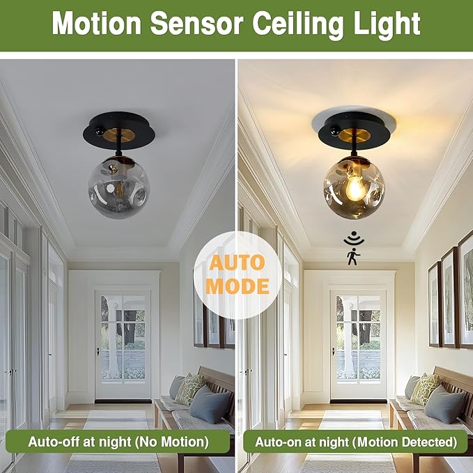 SZXYKEJI Motion Sensor Light Indoor 1-Light Mini Glass Globe Ceiling Light Fixture Modern Black Semi Flush Mount Light for Hallway Entryway Porch Stairway Closet