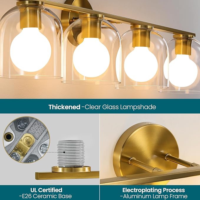 WOSHITU Bathroom Vanity Light Fixtures: 32.3 Inch Modern Brushed Gold Bathroom Light Fixtures Over Mirror with Clear Glass Shade, 4-Light Bathroom Lights Above Mirror