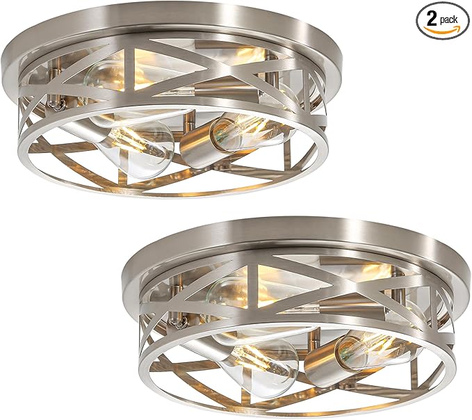 13 inch Brushed Nickel Flush Mount Ceiling Light Fixtures,3-Light Modern Hallway Light Fixtures Ceiling, Brushed Nickel Light Fixture Ceiling Mount for Farmhouse,Kitchen, Bedroom 2 Pack