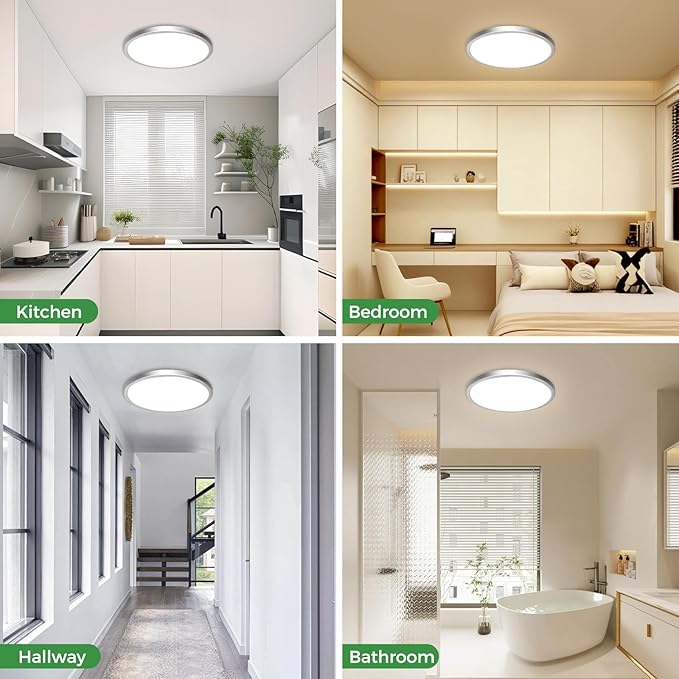 zemty 2Pack 15" LED Flush Mount Ceiling Light, 30W Dimmable, 5CCT (3000K–6500K) Brushed Nickel Round Fixture | Bright Low-Profile Lighting for Kitchen, Hallway, Bathroom, Living Room