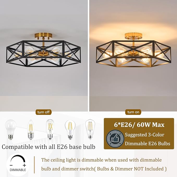 Modern Farmhouse Black and Gold Ceiling Light,Industrial Semi Flush Mount Ceiling Lighting Fixture,Hexagonal Lighting Fixtures for Kitchen,Bedroom,Living,Dining Room,Laundry Room,6-Light