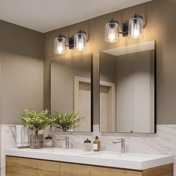 SOLFART Matt Black 2 Lights Wall Sconces Bathroom Light Fixtures Wall Light Fixtures Lighting Fixtures Over Mirror 13.8 Inch Wall Mount
