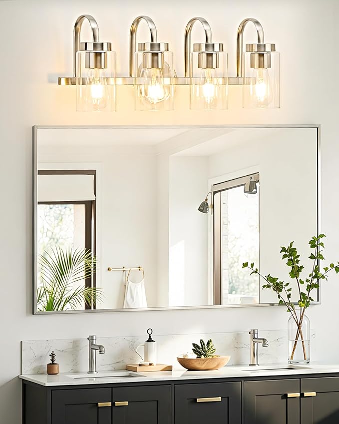 4 Light Bathroom Vanity Light, Brushed Nickel Vanity Lights for Bathroom, Modern Light Fixtures Over Mirror with Clear Glass Shade, Wall Sconce Lighting for Bedroom