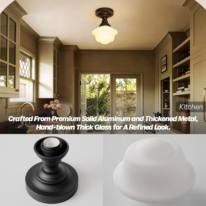 Schoolhouse Semi Flush Mount Ceiling Light,Black Close to Ceiling Light Fixtures with Milky White Glass Modern Farmhouse Hallway Ceiling Lamp for Laundry Kitchen Entryway Bathroom E26