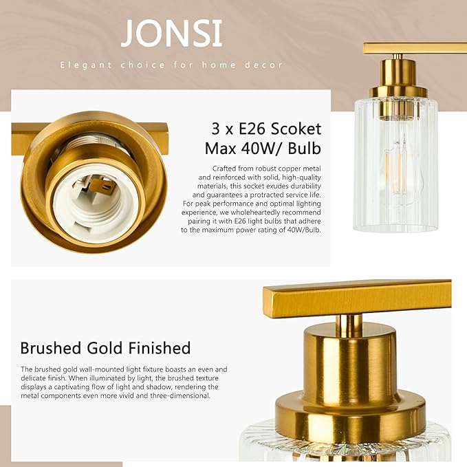 Jonsi 3 Light Brushed Gold Bathroom Vanity Lights with Fluted Glass Shade, Modern Gold Bathroom Lights Over Mirror