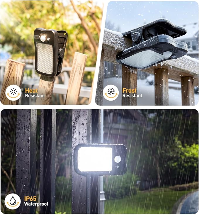 4 Pack Clip On Solar Lights Outdoor, 60 LED 500LM Motion Sensor Clamp Light, USB & Solar Powered Waterproof Security Lights for Fence Gutter Deck Camping, 1-Second Fast Install