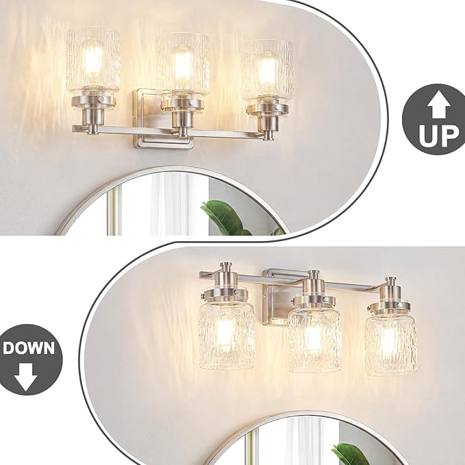 3 Lights Bathroom Light Fixtures Farmhouse Brushed Nickel Vanity Lights for Bathroom Lighting Fixtures Over Mirror with Hammered Glass Lampshade for Cabinet Mirror Bedroom Hallway