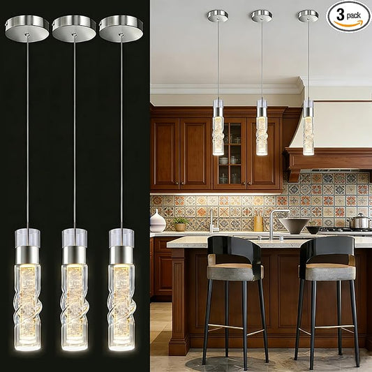 WILON Pendant Lights Kitchen Island, 24W Modern Kitchen Island Lights Brushed Nickel, Ceiling Lighting Fixtures with Crystal Bubble, Integrated LED Hanging Light for Dining Room Restaurant(3 Pack)